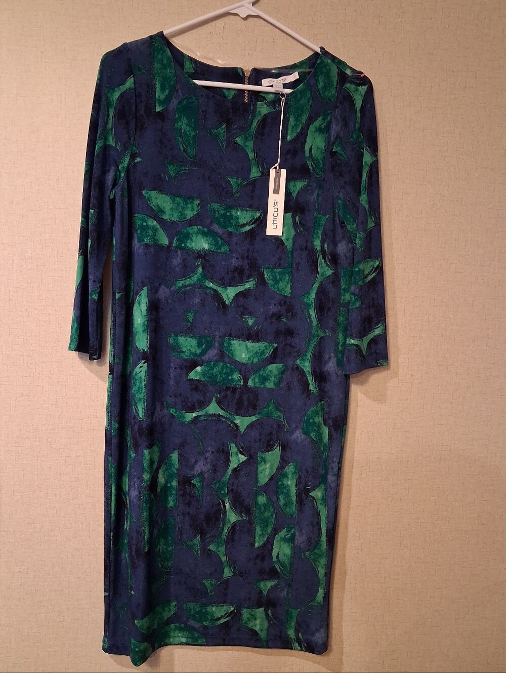 Chico's Blue & Green Leaf-Pattern Long Sleeve Shift Dress Sz S New